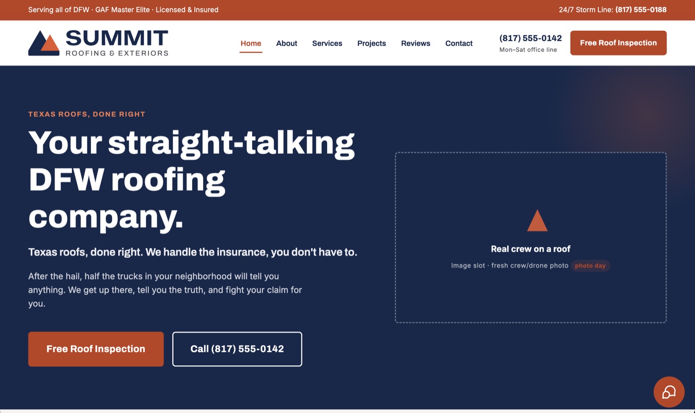 The Summit Roofing demo site homepage, a full roofing-company website we built end to end.